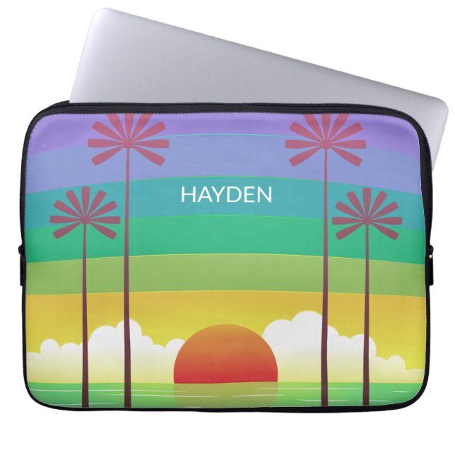 Retro Purple Sunset Palm Trees Art Personalised Laptop Sleeve (Voorkant)