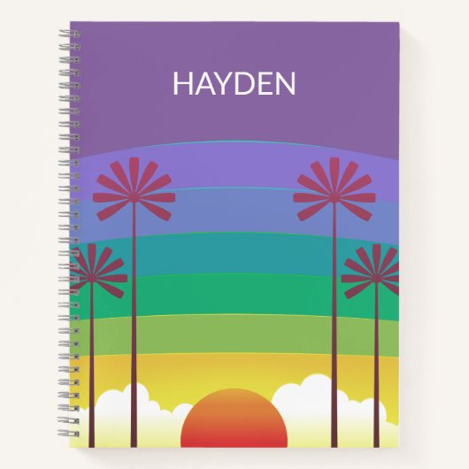 Retro Purple Sunset Palm Trees Art Personalised Notitieboek (Voorkant)