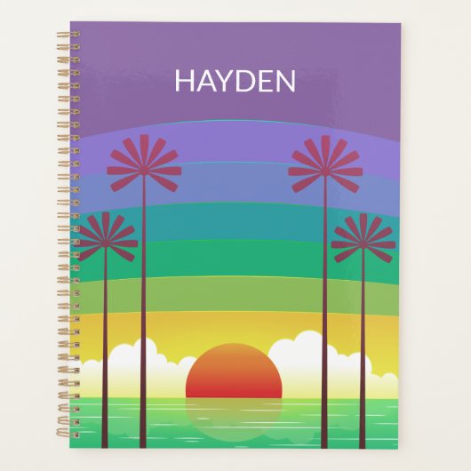 Retro Purple Sunset Palm Trees Art Personalised Planner (Voorkant)