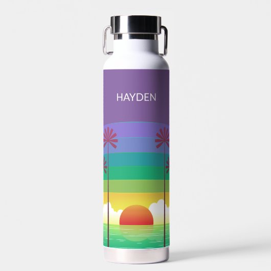 Retro Purple Sunset Palm Trees Art Personalised Waterfles (Voorkant)