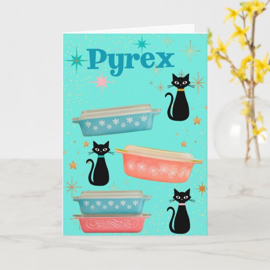 Retro Pyrex en  zwarte katten uit de middeleeuwen Kaart (Gele Bloem)