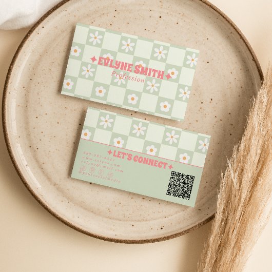 Retro QR-code geruite groovy bloemachtige boho tre Visitekaartje