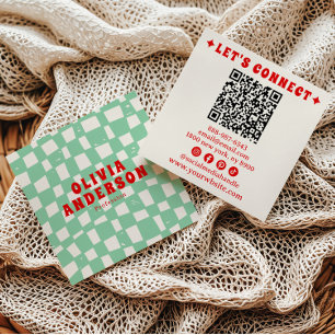 Retro QR Code Groovy Geruit Boho Trendy Uniek Vierkante Visitekaartje