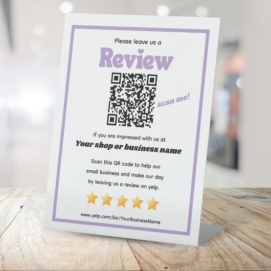 Retro QR code 'laat ons een review' YELP paarse Reclamebord Met Voetstuk