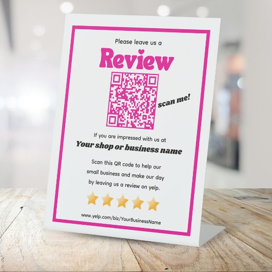 Retro QR code 'laat ons een review' YELP roze Reclamebord Met Voetstuk