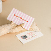 Retro QR Code Roze Hand getekend Gestreept Girly B Visitekaartje