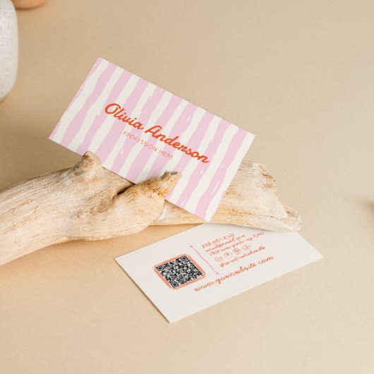 Retro QR Code Roze Hand getekend Gestreept Girly B Visitekaartje