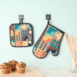Retro quilt uit de jaren 70 ovenwant & pannenlap set