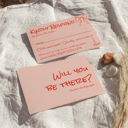 Retro Quirky Hand Drawn Pink Red Unique Wedding RSVP Kaartje