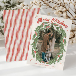 Retro Quirky Hand Drawn Wreath Bow Photo Christmas Feestdagenkaart