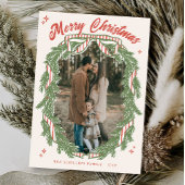 Retro Quirky Hand Drawn Wreath Bow Photo Christmas Feestdagenkaart
