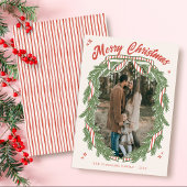 Retro Quirky Hand Drawn Wreath Bow Photo Christmas Feestdagenkaart