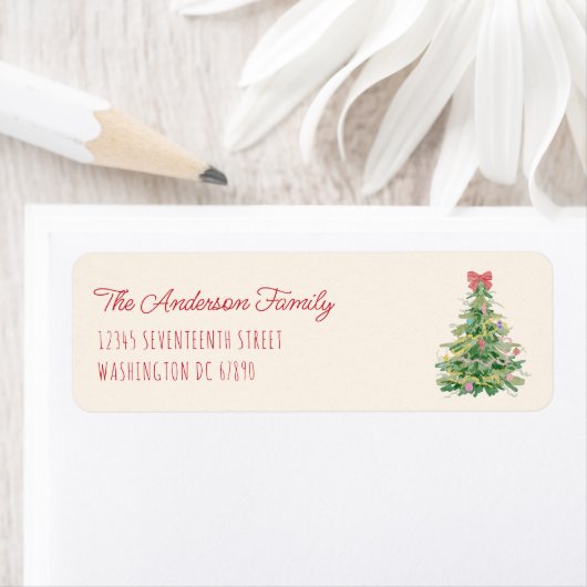 Retro Quirky Red Green Christmas Fun Bow Tree Etiket (Insitu)