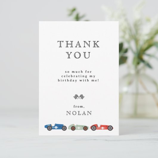 Retro race auto thema verjaardag bedankkaart (Staand voorkant)