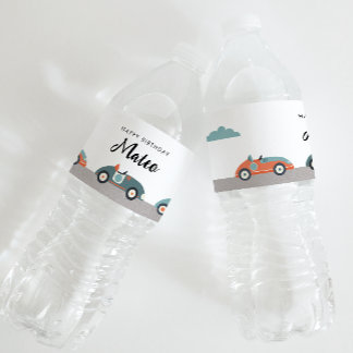 Retro race auto thema verjaardag waterfles etiket