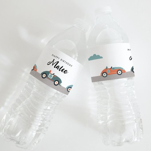 Retro race auto thema verjaardag waterfles etiket