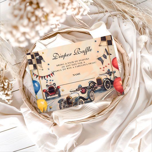 Retro Race Car Baby Shower Diapper Raffle Informatiekaartje
