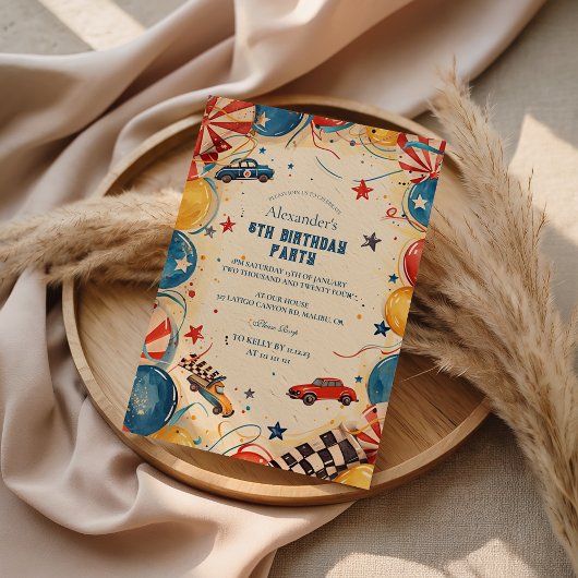 Retro Race Car Birthday Party Kaart