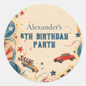 Retro Race Car Birthday Party Ronde Sticker (Voorkant)