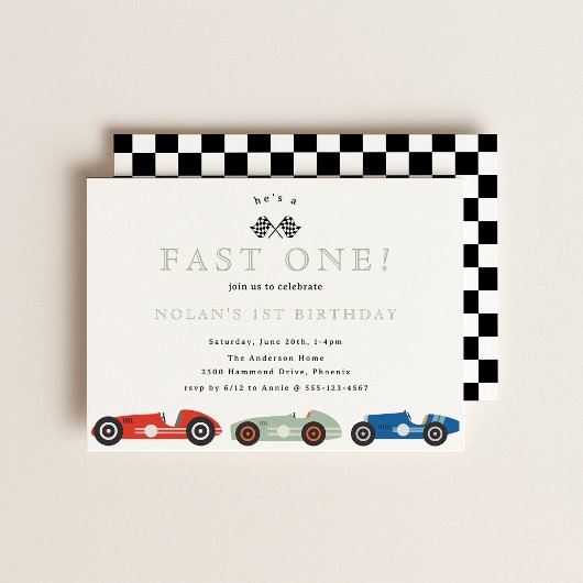 Retro Race Car Fast One Theme Birthday Kaart