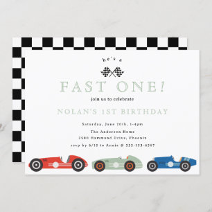 Retro Race Car Fast One Theme Birthday Kaart