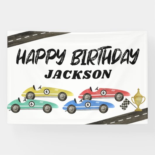 Retro Race Car Kinderen van Birthday Spandoek (Horizontaal)