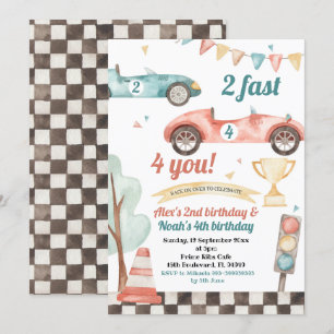 Retro Race Car Sibling Boys Birthday Invitation Kaart
