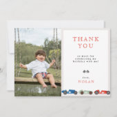 Retro Race Car Theme Birthday Foto Bedankkaart (Voorkant)