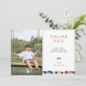 Retro Race Car Theme Birthday Foto Bedankkaart (Staand voorkant)