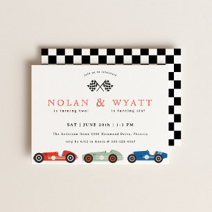 Retro Race Car Theme Joint Birthday Kaart