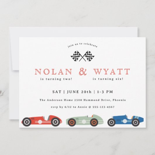 Retro Race Car Theme Joint Birthday Kaart (Voorkant)