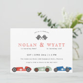 Retro Race Car Theme Joint Birthday Kaart (Staand voorkant)