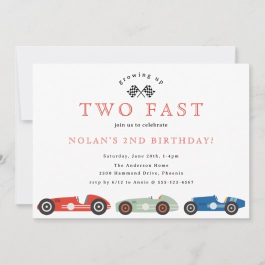 Retro Race Car Two Fast Theme Birthday Kaart (Voorkant)