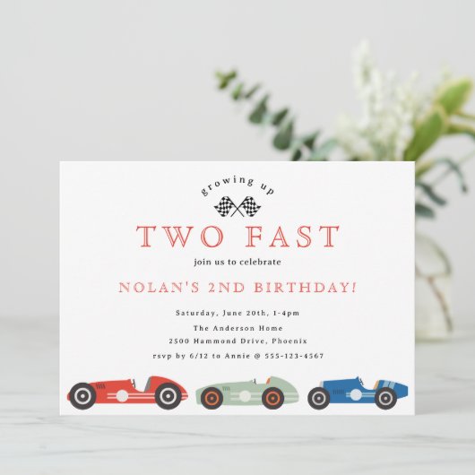 Retro Race Car Two Fast Theme Birthday Kaart (Staand voorkant)