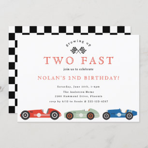 Retro Race Car Two Fast Theme Birthday Kaart