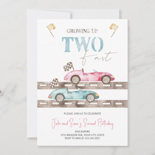 Retro Race Cars Twins Verjaardagsuitnodiging Kaart (Voorkant)