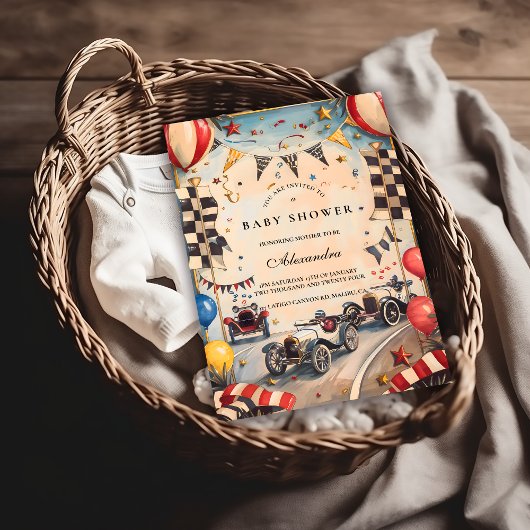 Retro raceauto baby shower kaart