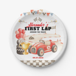 Retro raceauto eerste ronde rond het parcours verj papieren bordje