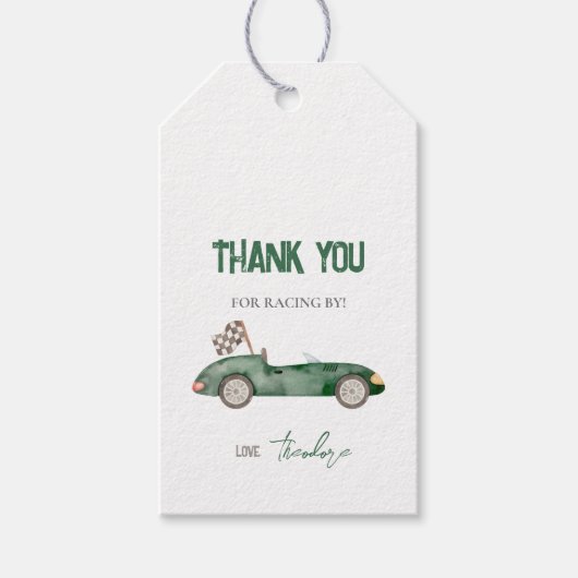 Retro raceauto groene cadeaubijslage cadeaulabel (Voorkant)