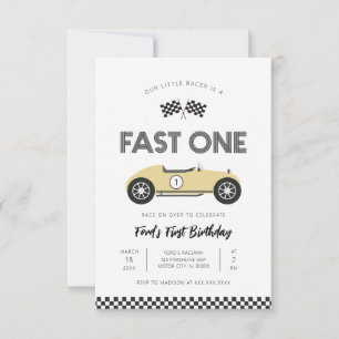 Retro raceauto snel één eerste verjaardag kaart