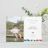 Retro raceauto thema verjaardagsfoto bedankkaart (Staand voorkant)