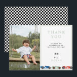 Retro raceauto thema verjaardagsfoto bedankkaart<br><div class="desc">Cute retro raceauto thema,  verjaardagsfeestje plat dankjewel fotokaart.</div>
