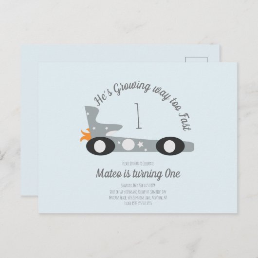 Retro raceauto's maan sterren eerste verjaardag  briefkaart (Voorkant / Achterkant)