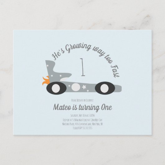 Retro raceauto's maan sterren eerste verjaardag  briefkaart (Voorkant)