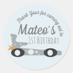 Retro raceauto's maan sterren eerste verjaardag   ronde sticker