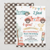 Retro raceauto's verjaardagsuitnodiging voor broer kaart (Voorkant / Achterkant)