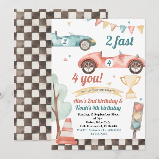 Retro raceauto's verjaardagsuitnodiging voor broer kaart (Voorkant / Achterkant)