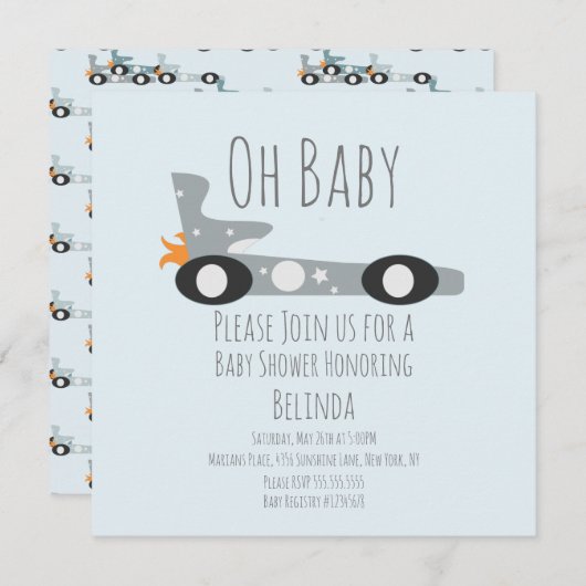 Retro Racing Cars Blue Baby shower (Voorkant / Achterkant)