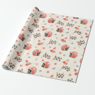 Retro Racing Helm Verjaardag Geruite Vlag Cadeaupapier