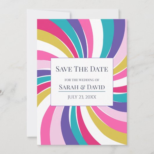 Retro Radiale Swirl Kleurrijke Save the Date Kaart (Voorkant)